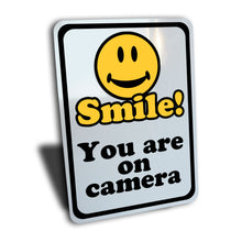 Load image into Gallery viewer, Smile You Are On Camera Video Surveillance Sign, Yellow and Black, Aluminum