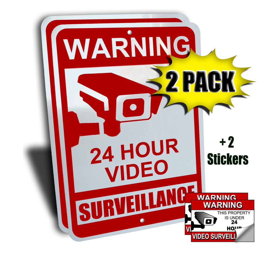 2 Surveillance Signs, 2 Surveillance Stickers.  Warning 24 Hour Video Surveillance Signs, Aluminum, Red